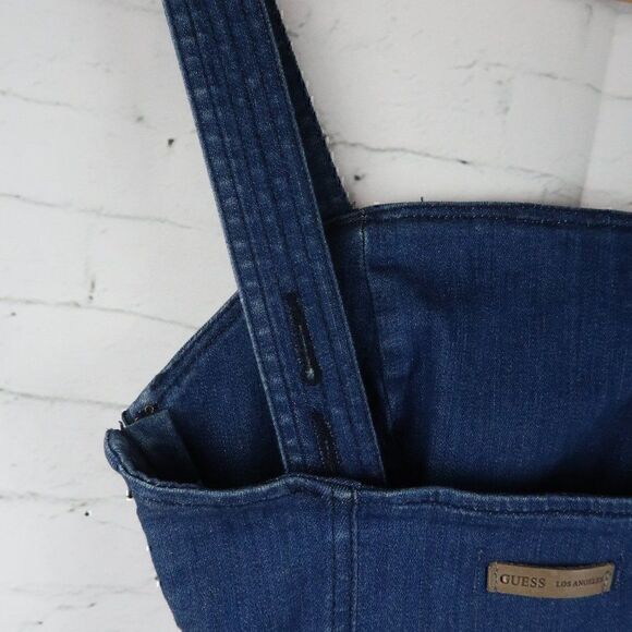 GUESS  ELLA BLUE DENIM FLARE LEG ADJUSTABLE STRAP TIE WAIST JUMPSUIT OVERALLS - Picture 9 of 16